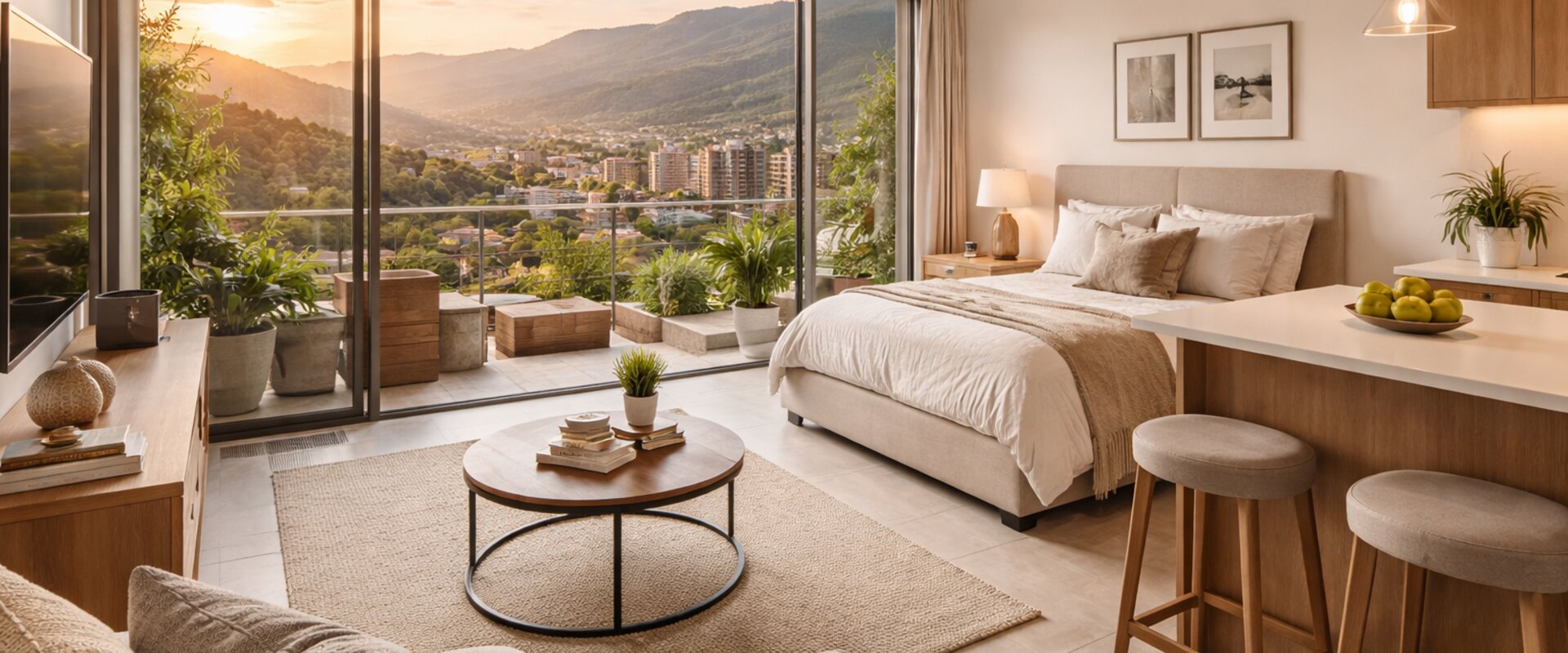 Estudio amoblado moderno en Medellín con vista a las montañas
